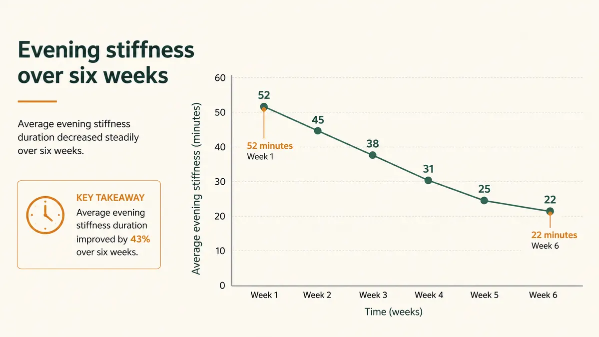 A simple chart showing a calm evening stiffness score slowly falling over six weeks of regular use