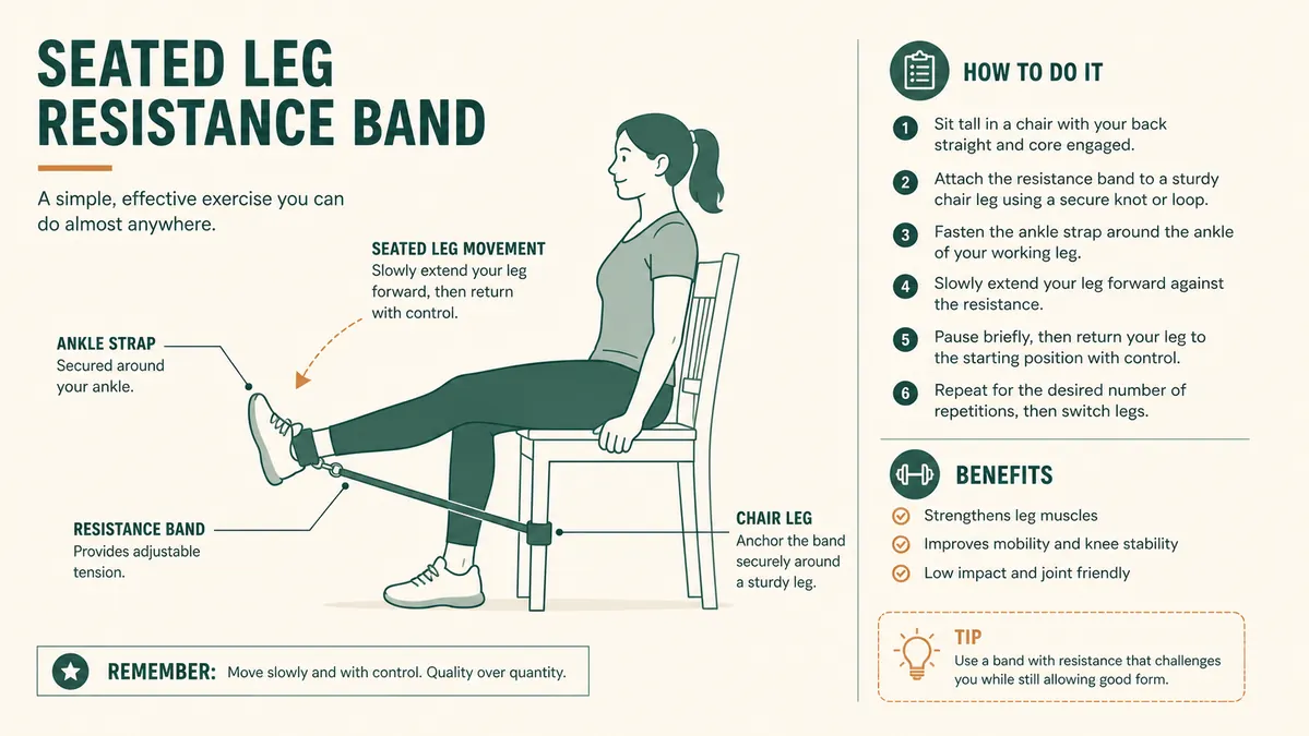Bands looped around a chair leg with ankle straps attached for a seated leg exercise