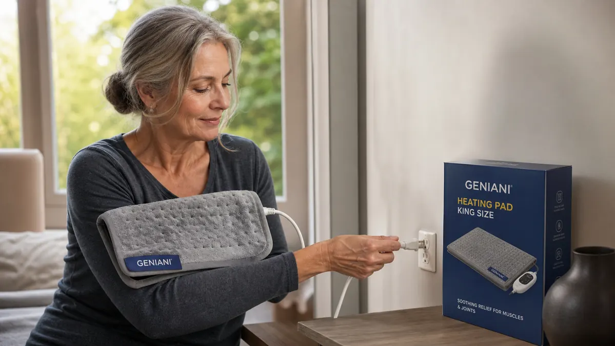 Hands plugging a white electric heating pad into a wall outlet beside a bed, cord neatly managed