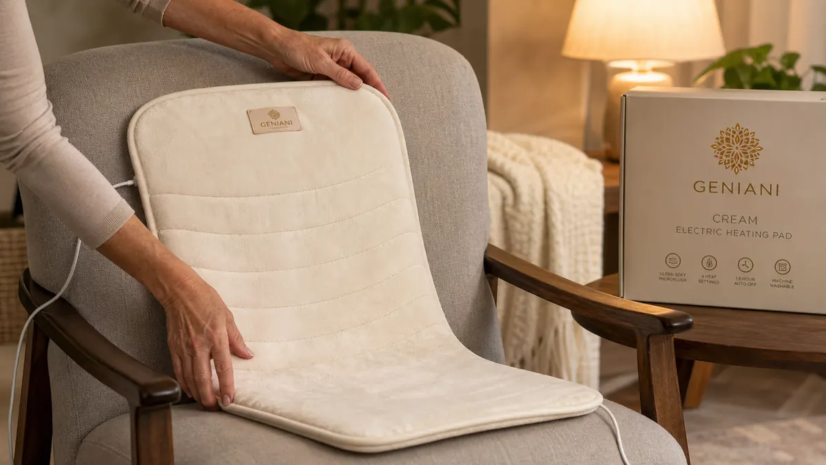 Close view of a hand smoothing a cream-colored electric heating pad with a visible control cord onto the back of a living room chair