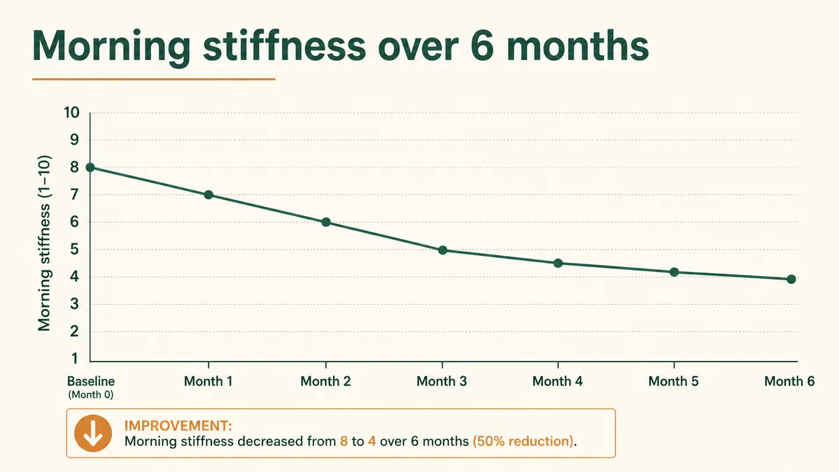 A simple chart showing how morning stiffness eased from month one to month six on a 1 to 10 scale