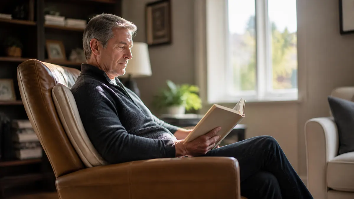An older man in a plain shirt reading a book while a heating pad rests on his lap, in a quiet living room