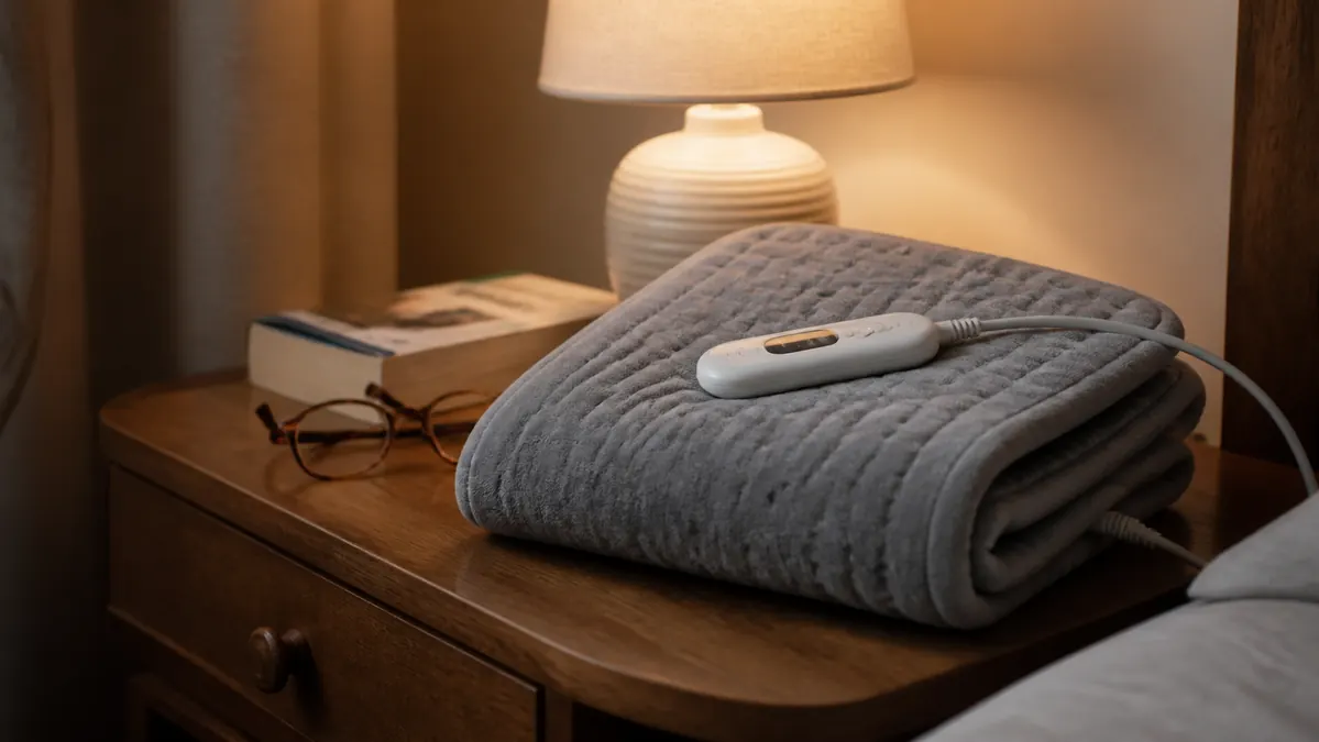 A folded gray electric heating pad on a nightstand beside a lamp and reading glasses at night