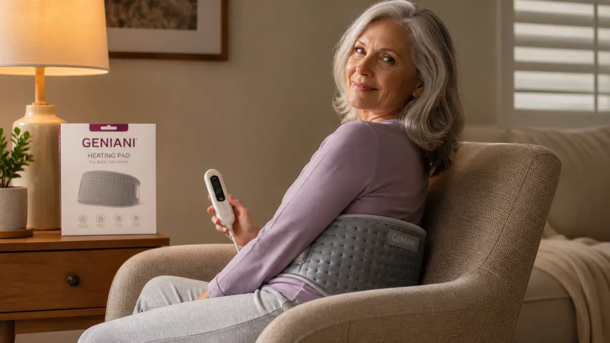 An older person seated with a gray heating pad wrapped across their lower back, holding the controller, relaxed expression in a living room