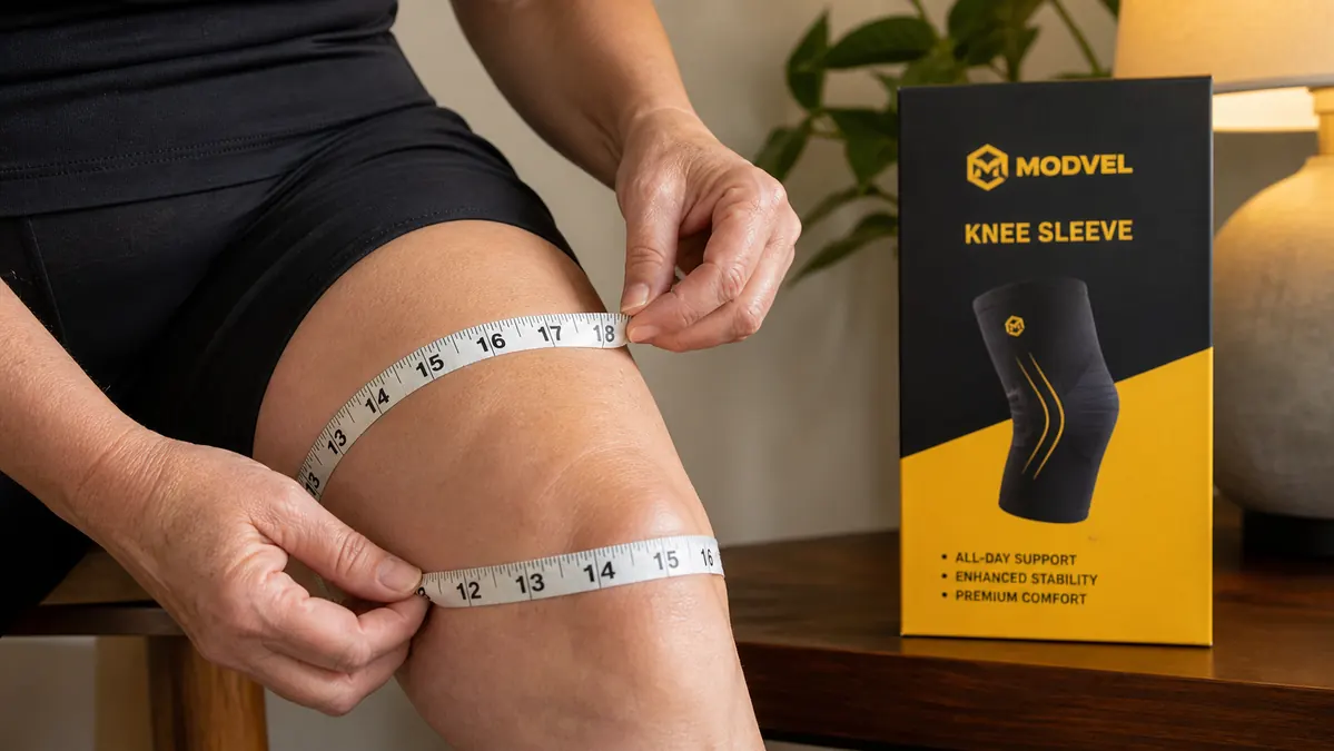 A close up of hands wrapping a cloth measuring tape around a knee to check sizing