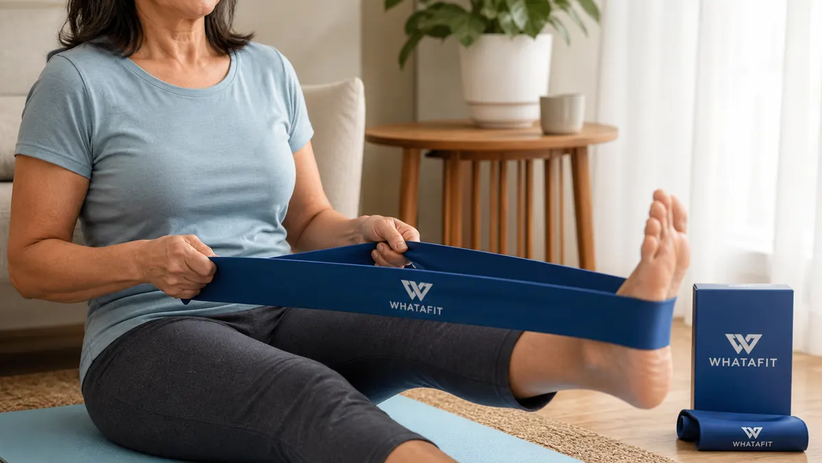 Hands holding a resistance band stretched across the front of the legs while sitting, knee slightly extended to straighten the leg