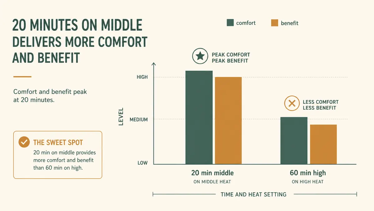 Simple comparison chart showing a 20 minute session on a middle setting offering the most benefit, versus an hour on high offering no extra relief and more risk