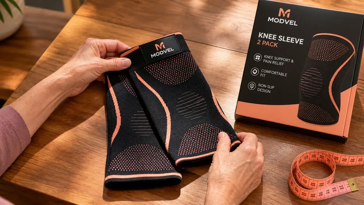 Two matching knee compression sleeves laid side by side on a wooden kitchen table beside a folded measuring tape