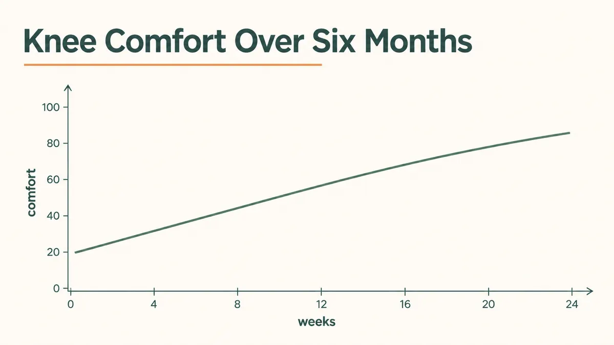 A simple line chart showing knee comfort improving week by week over six months, with a gentle upward curve