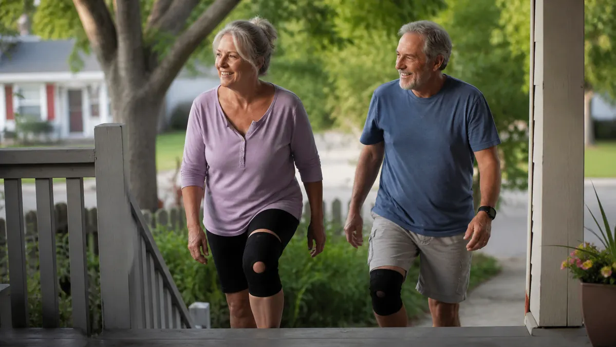 An older couple walking up a short flight of porch steps, both wearing sleeves over their knees, smiling