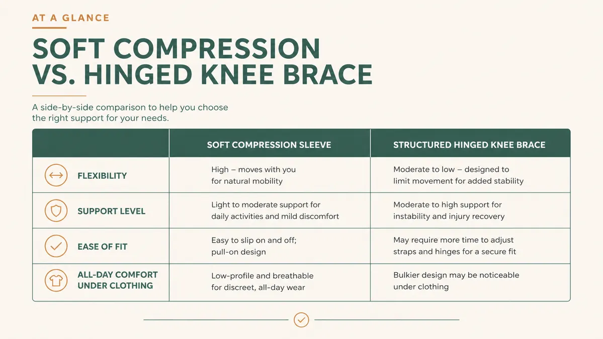 A simple two-column comparison chart titled Sleeve vs Brace listing flexibility, support, fit, and all-day comfort for each