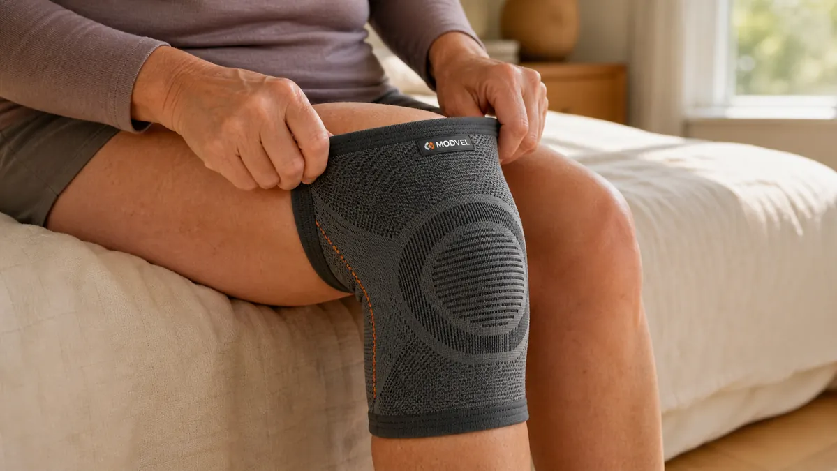 Close view of a gray compression knee sleeve being pulled up over a knee on a seated older adult with limited mobility