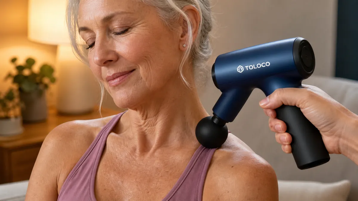 A hand holding a silver massage gun with a round head pressed gently against a clothed shoulder of an older person seated on a couch