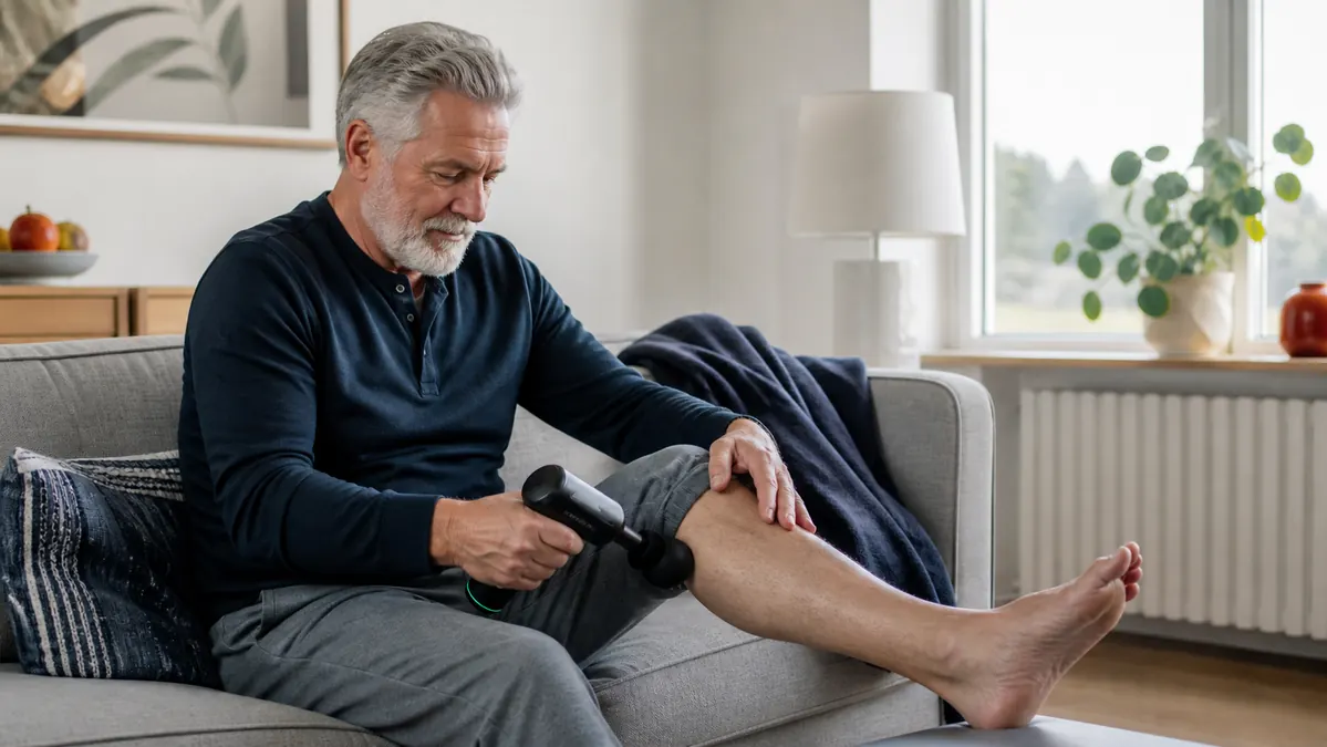 An older person sitting in a chair using a massage gun on their own calf with a satisfied relaxed expression in a bright living room