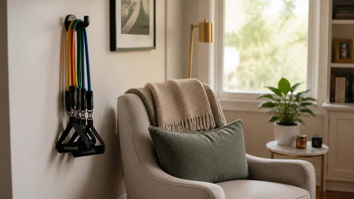 Resistance bands hanging neatly on a hook by a home chair, ready for a seated workout