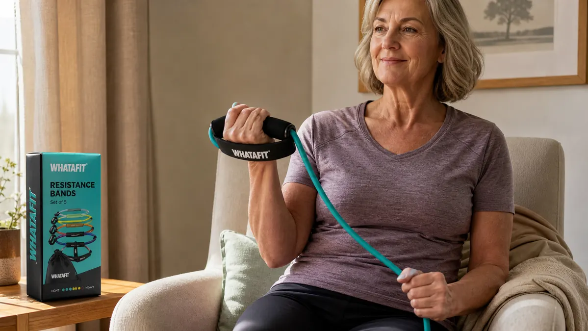 A close view of an older person's hand gripping the foam handle of a green resistance band while the latex tubing stretches in a slight curve