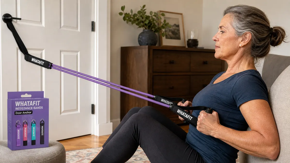 A hand pulling a resistance band handle toward the body in a seated row from a door anchor