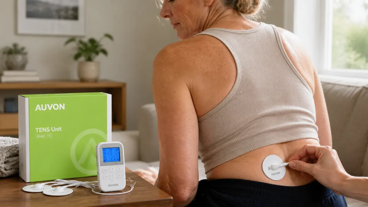 A close hand placing a round electrode pad onto a lower back above a waistband