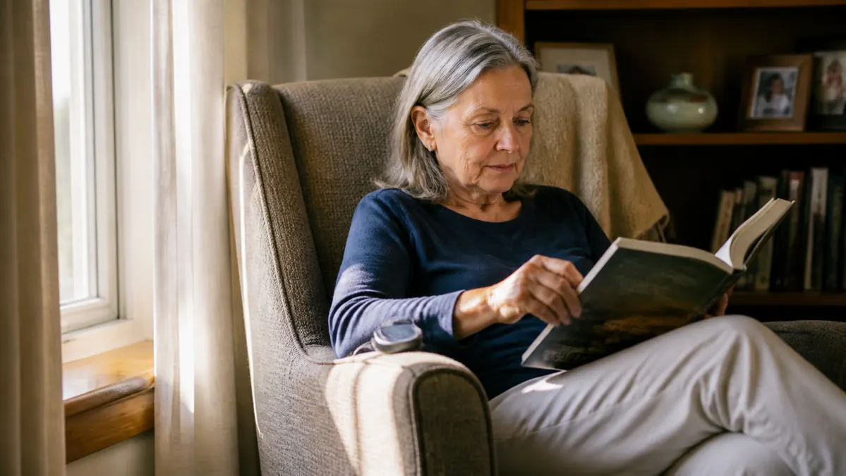 An older woman sitting in an armchair reading a book with a small device resting on the arm beside her